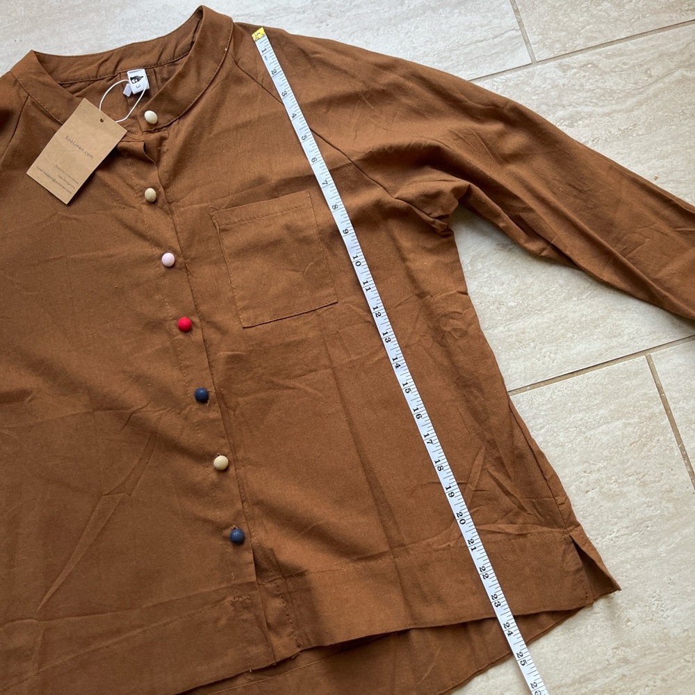 NWT Brown Linen Shirt with Colorful Buttons - Picture 5 of 7